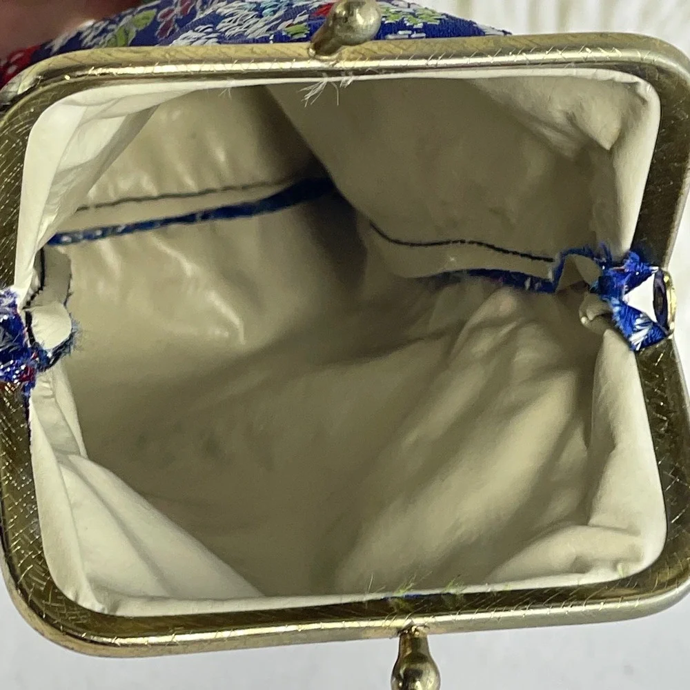 Vintage German Glass‎ Hip Flask Silver Top with Blue Floral Brocade Pouch Case